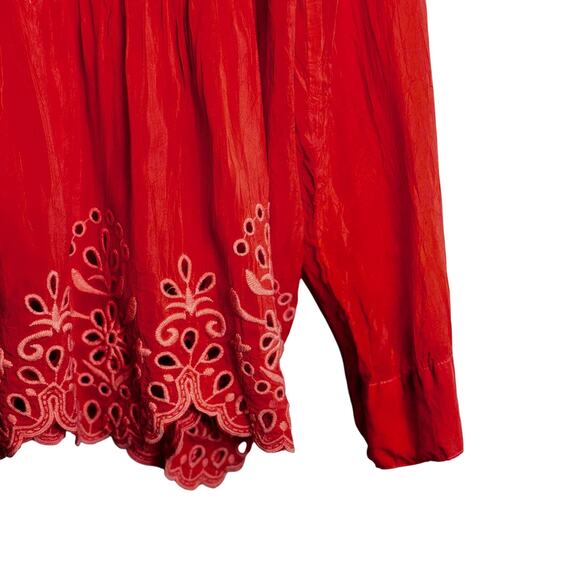 Johnny Was Peplum Top Womens L Red Embroidered Floral Scalloped Boho Cottagecore - Picture 6 of 13